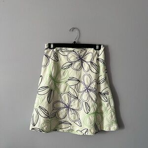 LOFT Cream A-Line Skirt with Green and Black Floral Sketch